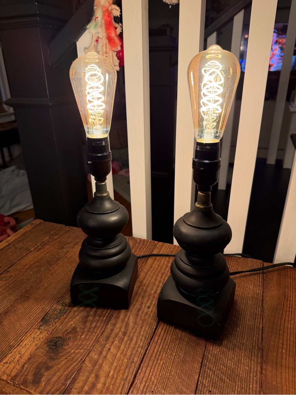 Pair of Small Black Table Lamps with Edison Bulbs